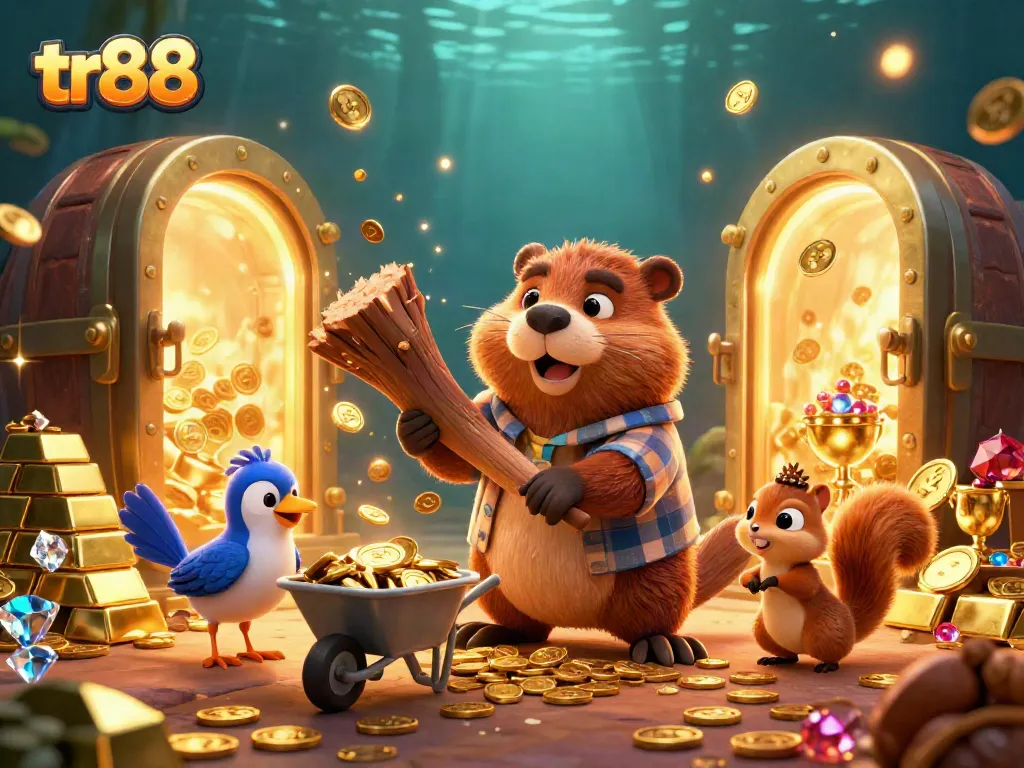 Watch the tr88 beaver triumphantly collecting coins under a sparkling treasure vault backdrop.