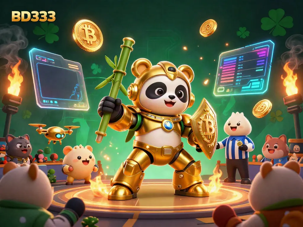 Engage with BD333 as a golden panda pilots a bamboo robot amidst a vibrant casino scene.