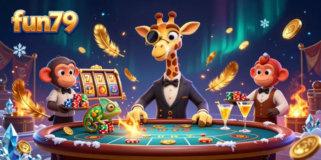 Engage with fun79's vibrant casino scene featuring a high-roller giraffe and a cocktail bartender.