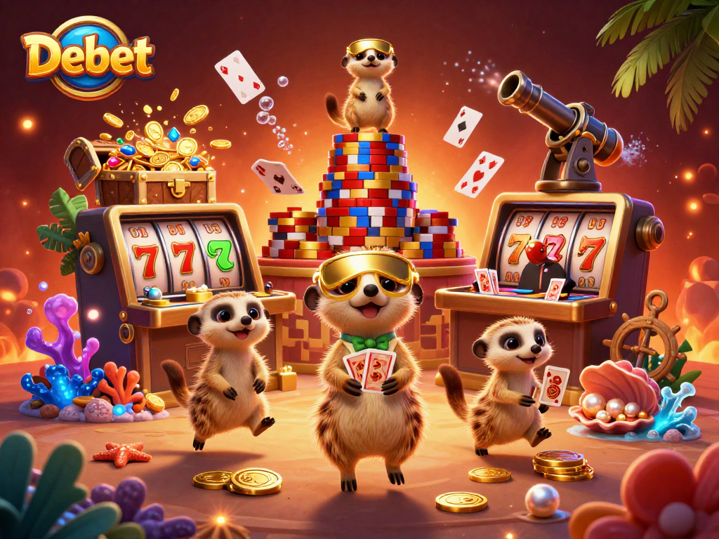 Experience the vibrant world of Debet casino with meerkats managing an exciting casino operation.