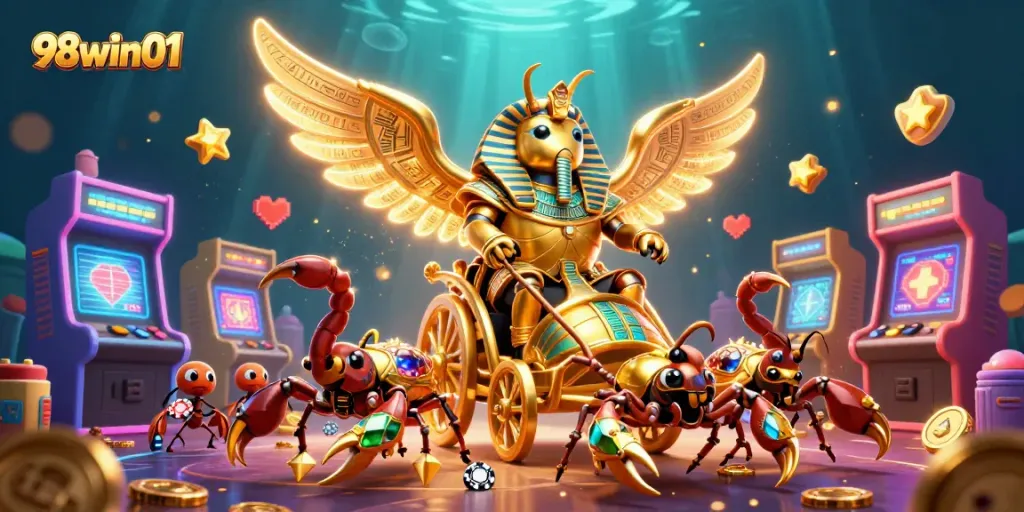 Engage with thrilling gameplay at 98win01, featuring a golden scarab and scorpions in a vibrant casino adventure.