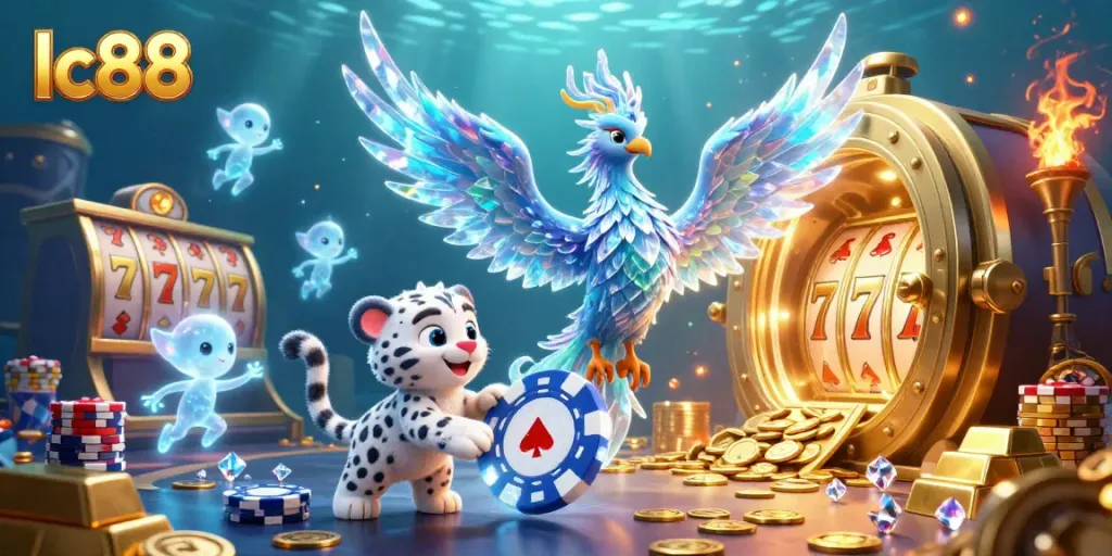 Experience lc88's vibrant 3D gaming world with a dazzling phoenix and playful casino scenes.