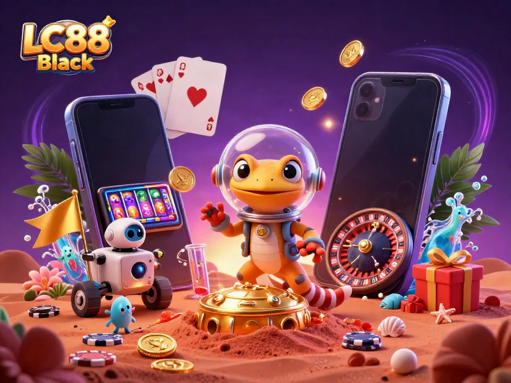 Experience thrilling gameplay with LC88 Black in this vibrant 3D casino illustration featuring a Martian gecko.