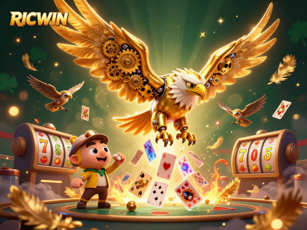 Engage with RICWIN's captivating casino adventure, featuring a golden eagle amidst dynamic gaming elements.