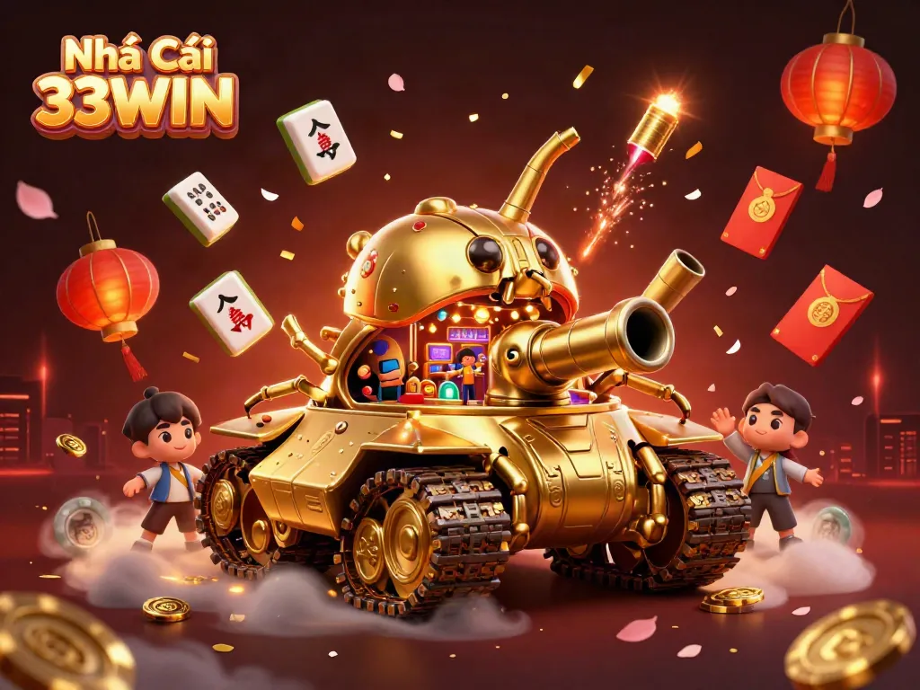 Experience the excitement of Nhà Cái 33WIN with a vibrant casino-themed 3D illustration featuring a golden beetle tank.