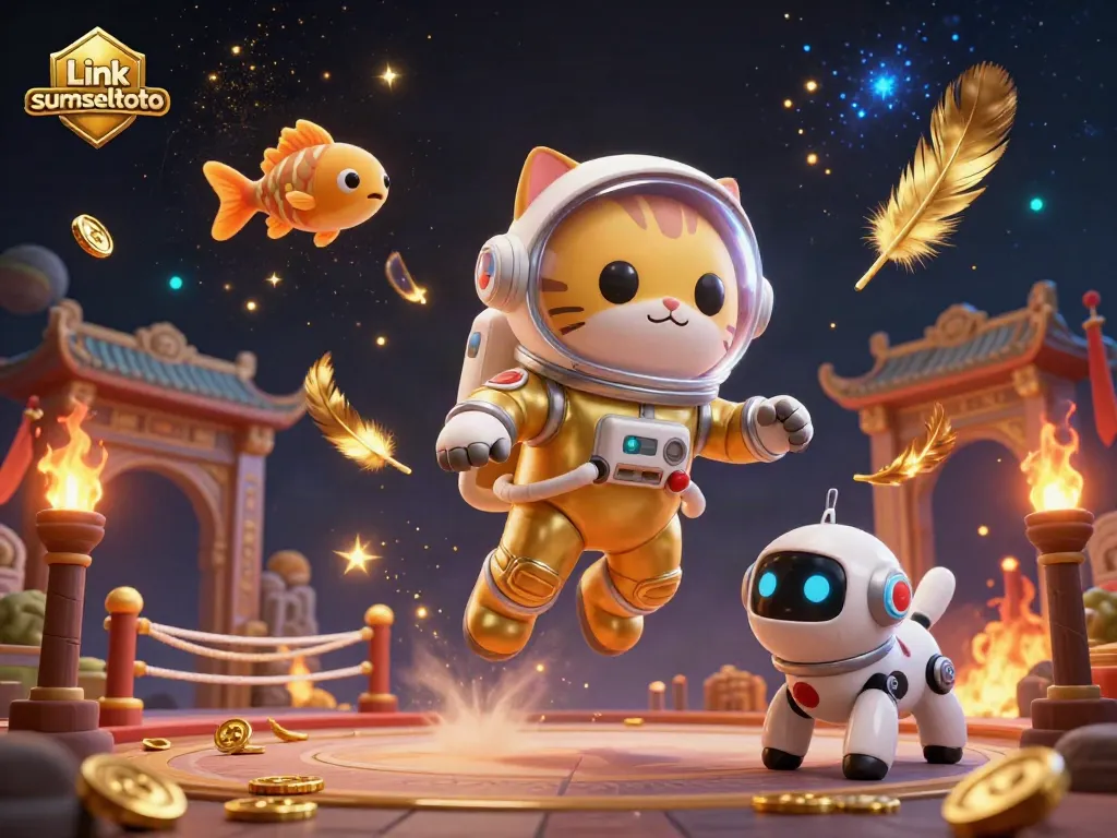 Engage with the cosmic adventure of Link sumseltoto featuring a space cat and a robot dog amidst golden star dust.