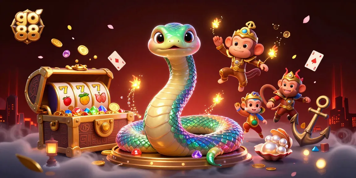 Experience vibrant go 88 action with a rainbow serpent and a monkey king in a magical casino scene.