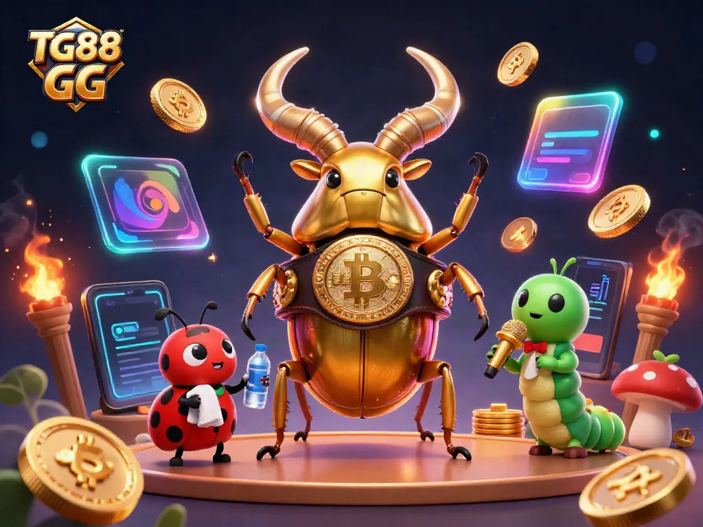 Experience the thrill of casino action with TG88 GG featuring a vibrant 3D scene of a golden stag beetle champion.