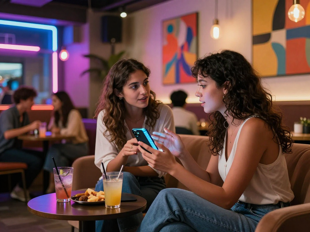Couple engaging in AI chat porn discussion at a vibrant lounge, illuminated by neon lights.