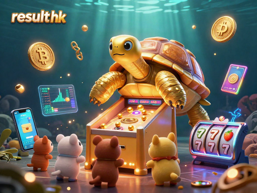 Experience the thrill of result hk as a colossal tortoise charms players in a vibrant casino scene.