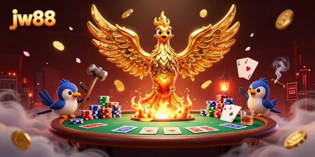 Engage in thrilling gameplay at jw88 with a molten phoenix and poker elements in 3D digital art.