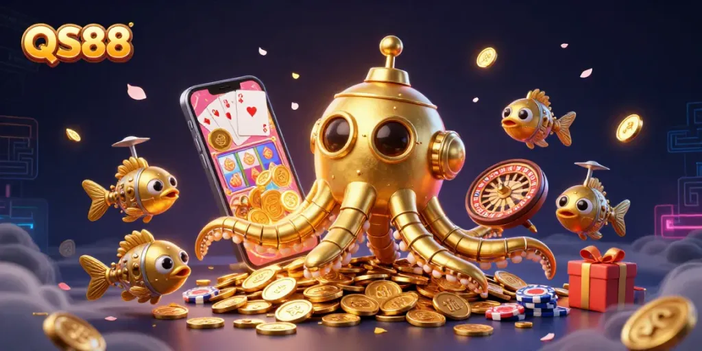 QS88 showcases a vibrant casino scene with a golden kraken and mechanical fish amid golden coins, enriching the online gambling experience.