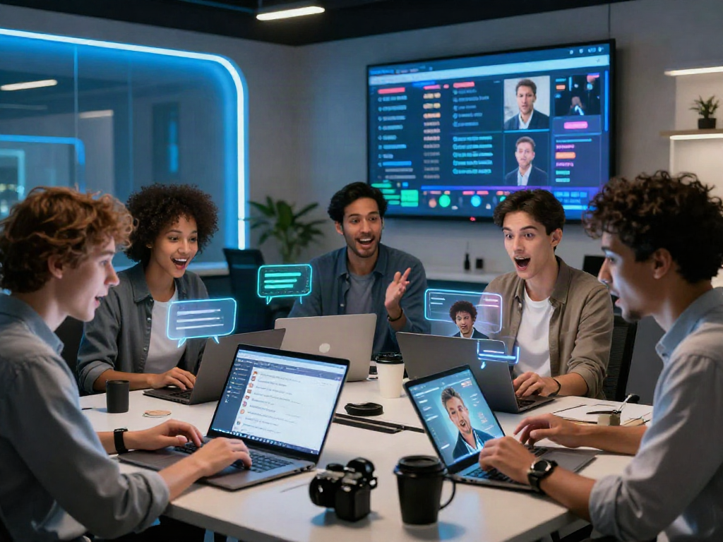 Diverse individuals engaged in ai chat porn discussions on high-tech devices in a modern office.