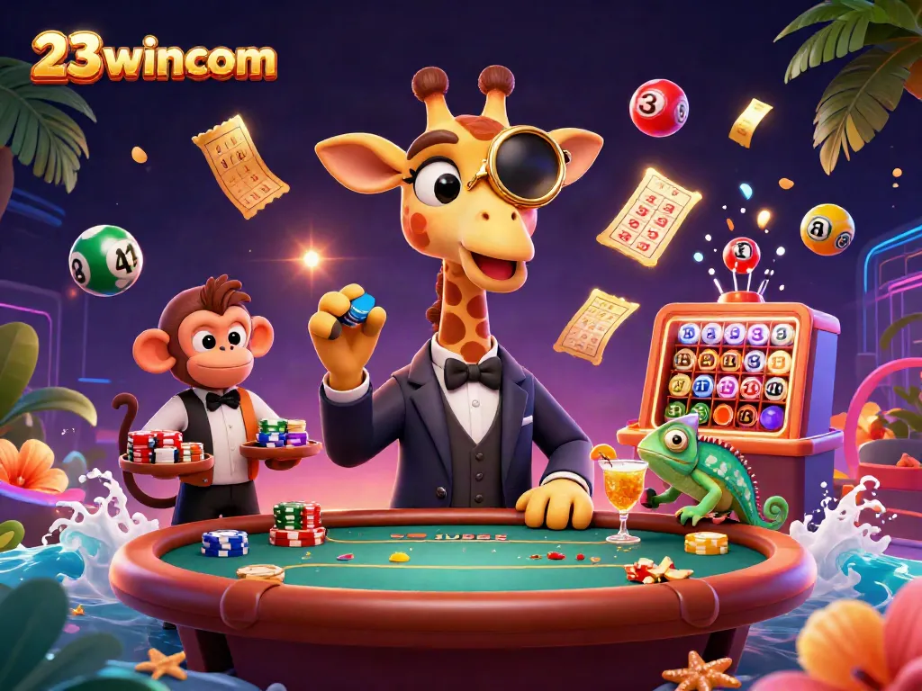 Engage in the energetic scene of 23wincom with colorful lottery elements, a VIP poker table, and dynamic characters.