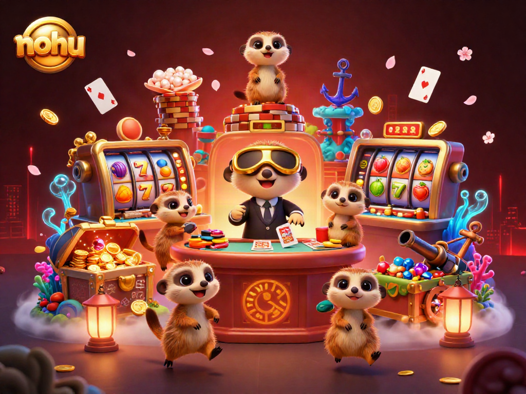 Nohu meerkats operate a vibrant casino with slot games, gold treasures, and chips.