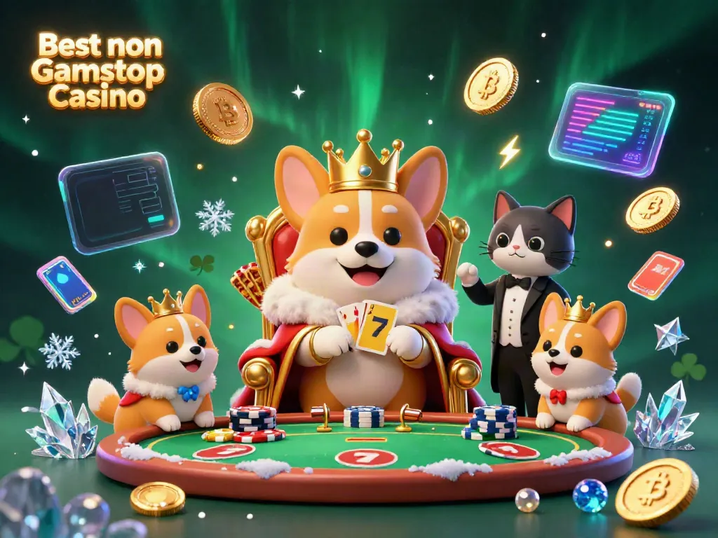 Engage with the best non Gamstop Casino through a lavish scene featuring a corgi king surrounded by playful gaming elements.