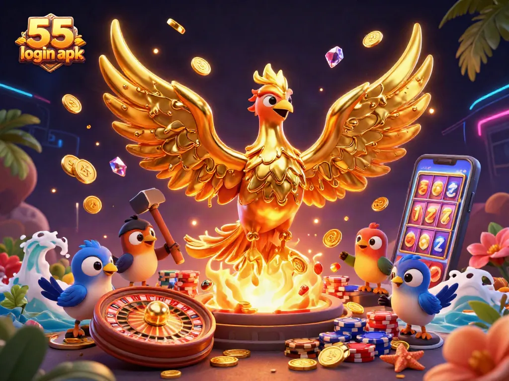 Join exhilarating fun with 55 club login apk in a vibrant golden phoenix casino scene.