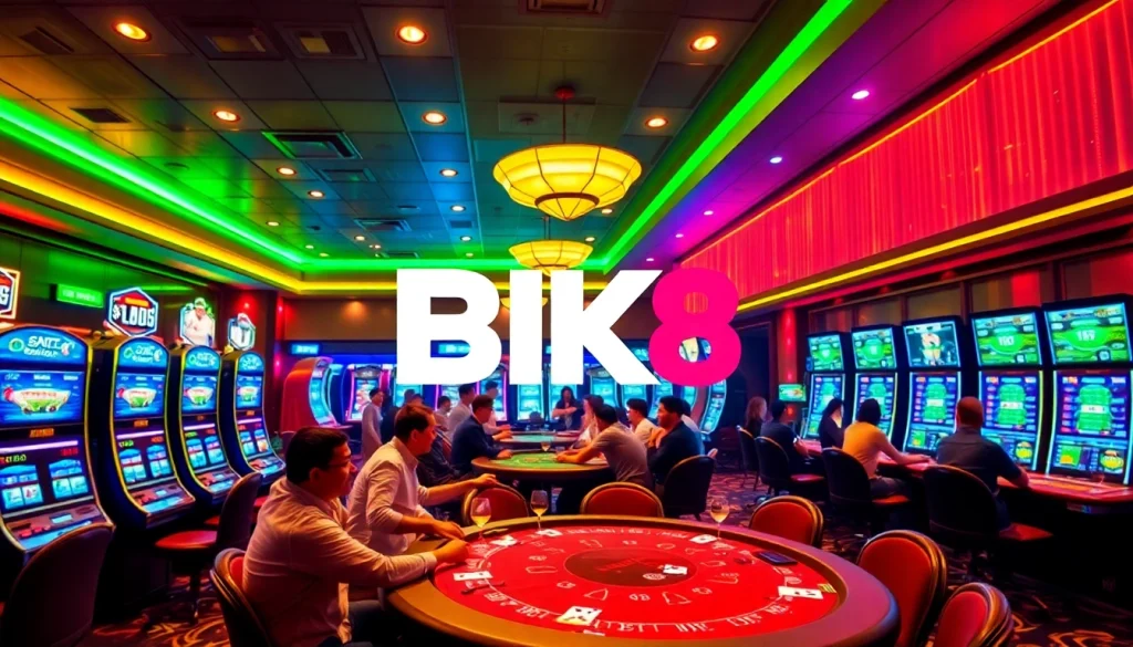 Experience the excitement of BK860S.com in a vibrant casino scene with modern gaming elements.
