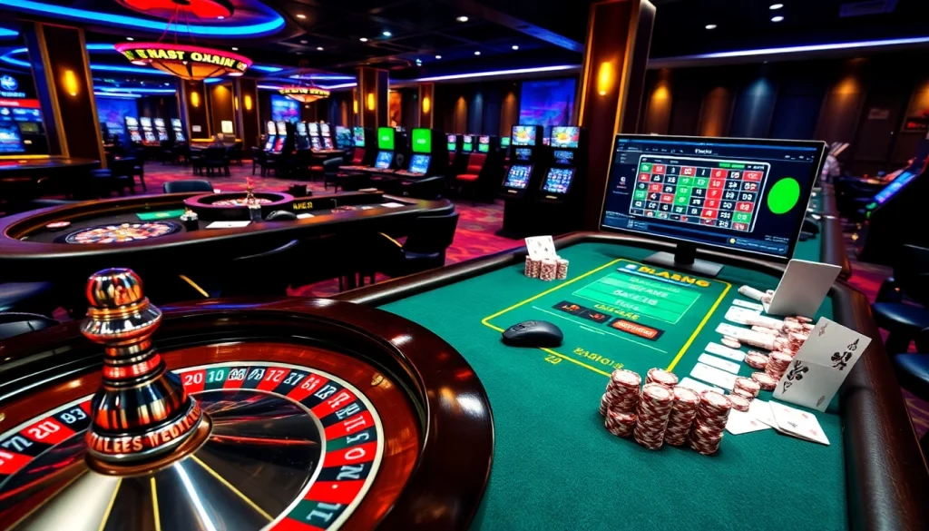 Experience the thrilling atmosphere of oxbet dubai with casino tables, poker chips, and roulette.
