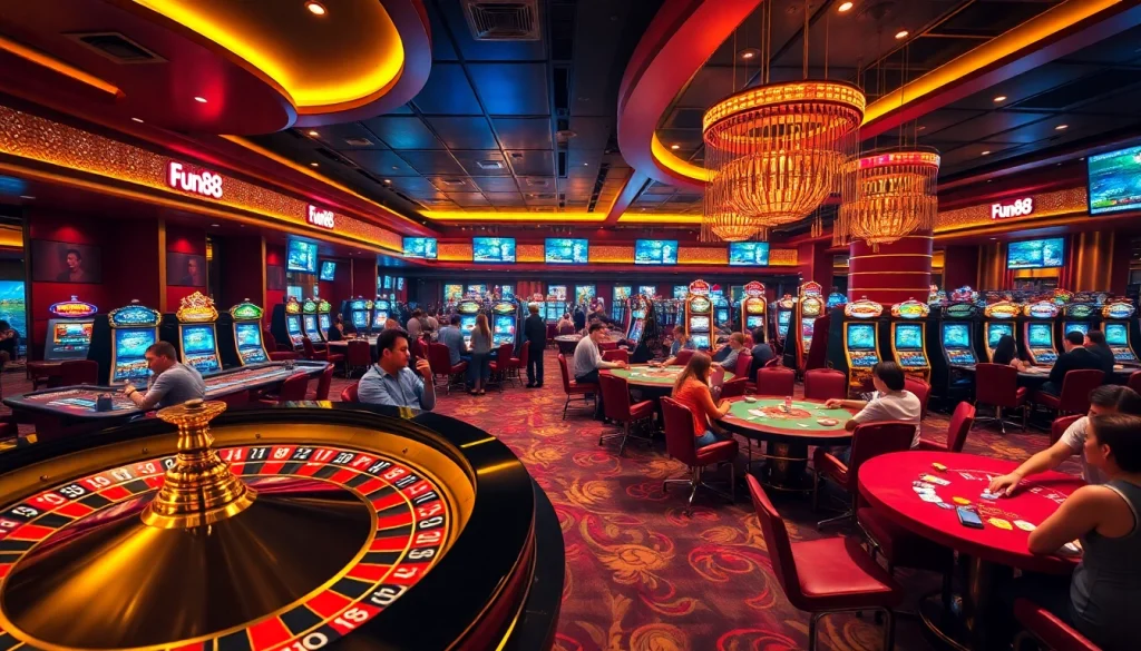 Fun88 players engaging in high-stakes poker and roulette at a vibrant casino.