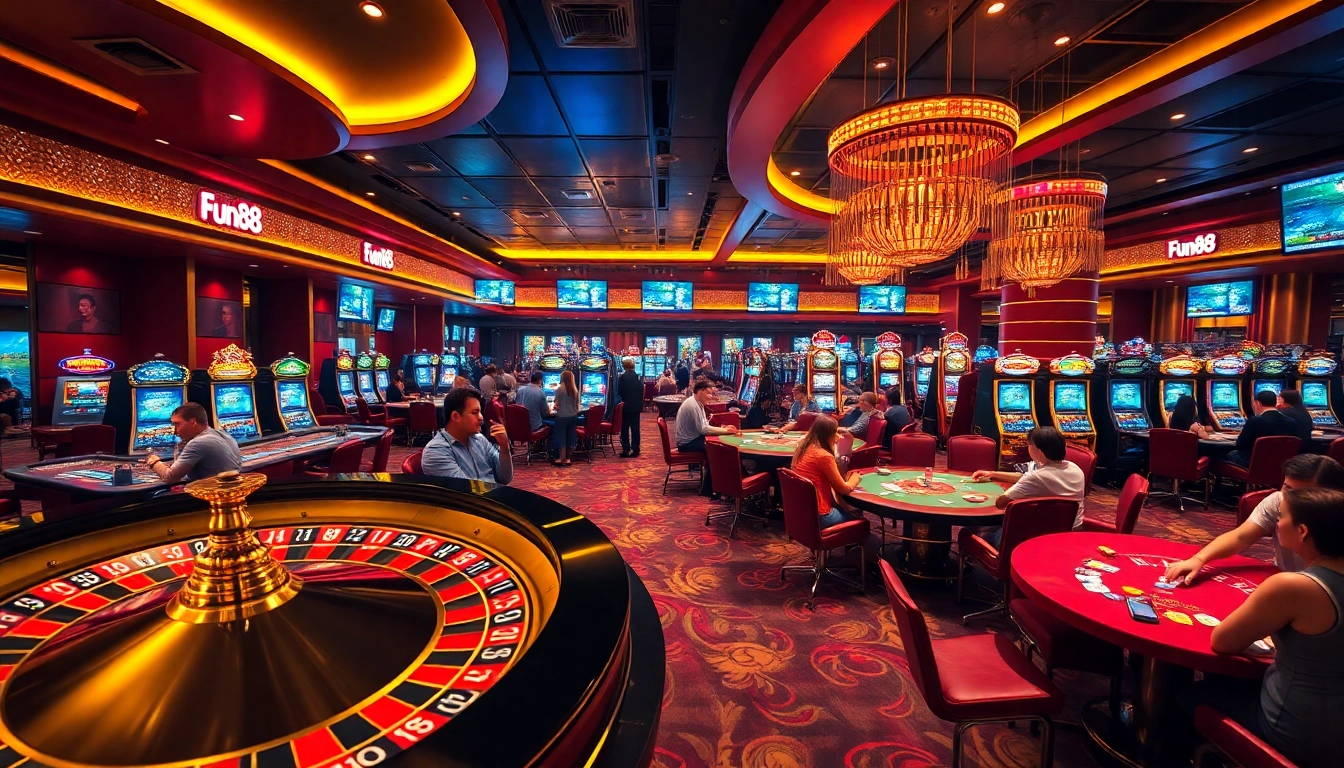 Fun88 players engaging in high-stakes poker and roulette at a vibrant casino.