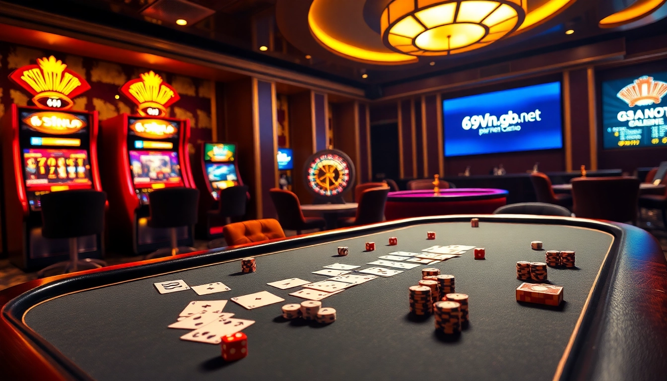 Experience thrilling action at 69vn.gb.net with a vibrant casino scene of poker, roulette, and slot machines.