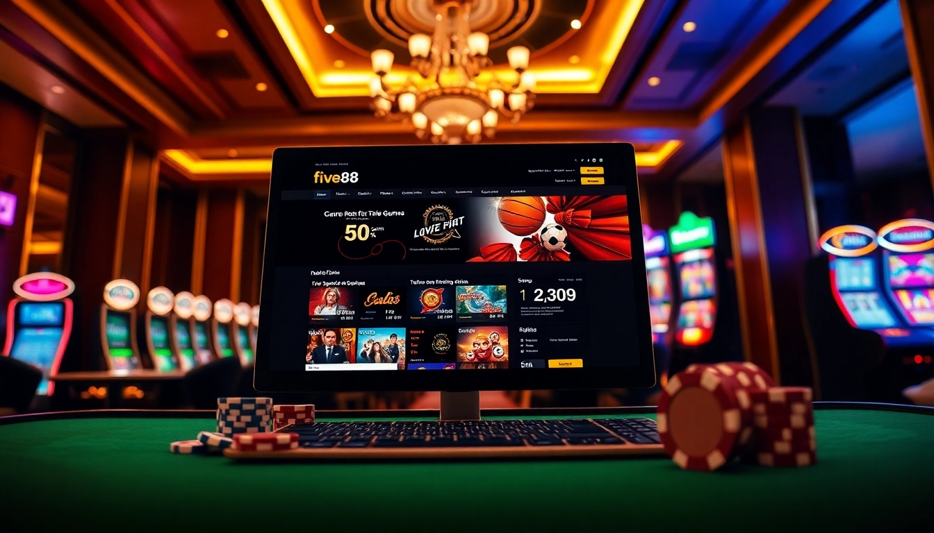 Experience the thrill of online gaming with five88 com at a luxurious casino setup, featuring betting options.