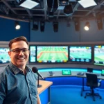 Dynamic sports broadcasting studio with host engaging viewers and showcasing live games.