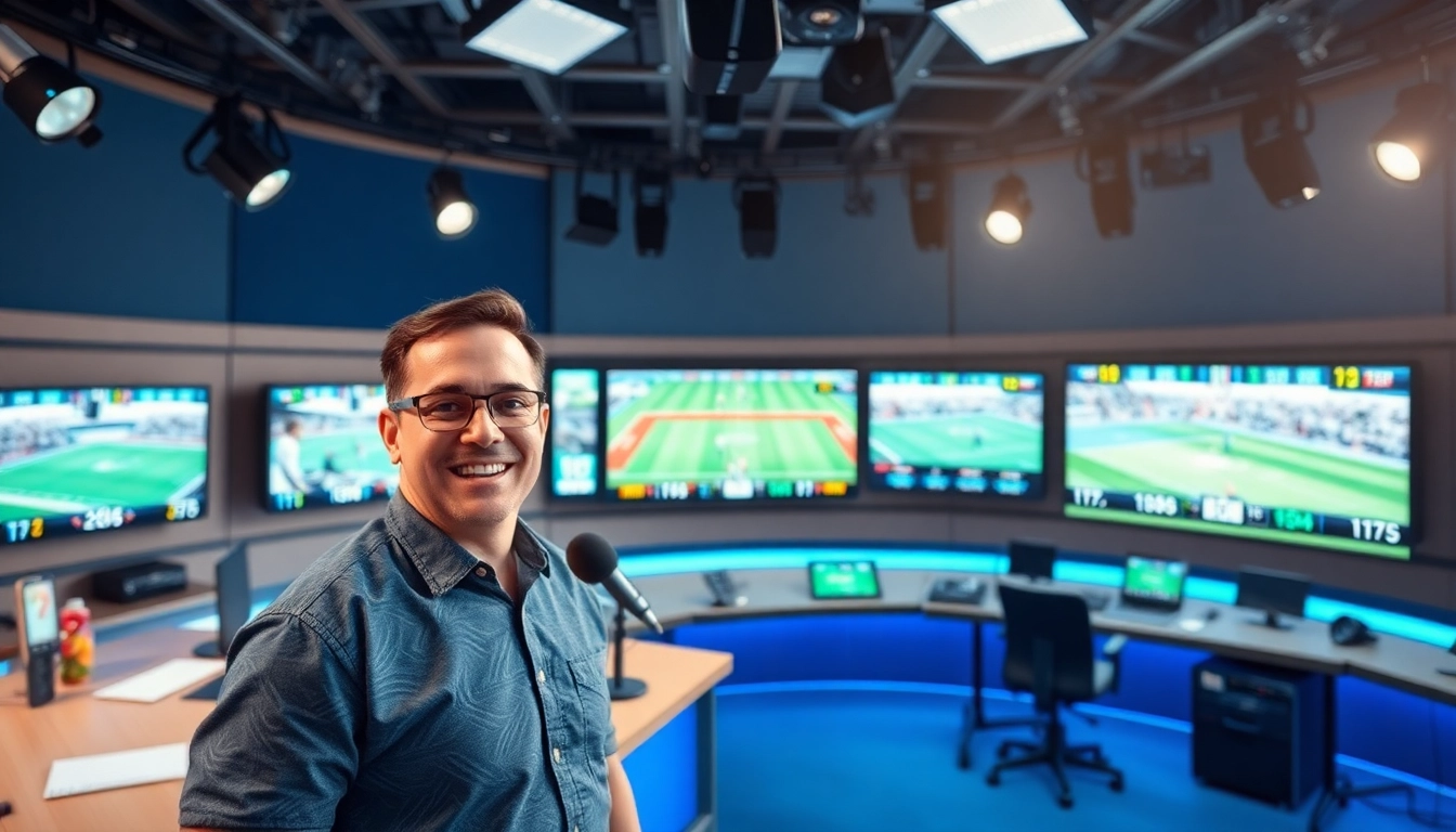Dynamic sports broadcasting studio with host engaging viewers and showcasing live games.