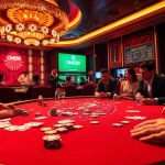 ONE88 gamblers strategizing at a lively poker table amidst vibrant casino ambiance.