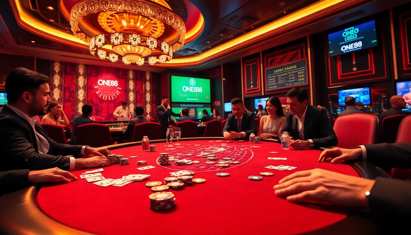 ONE88 gamblers strategizing at a lively poker table amidst vibrant casino ambiance.