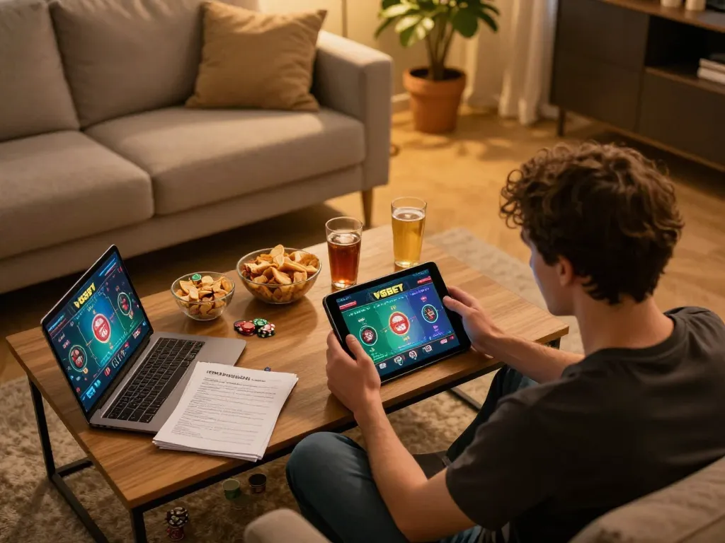 Player using the VSBET app for online casino gaming in a cozy home setting
