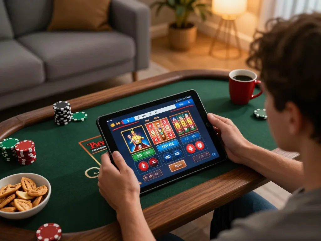 VMAX player enjoying dynamic online casino games on tablet in cozy home setting.