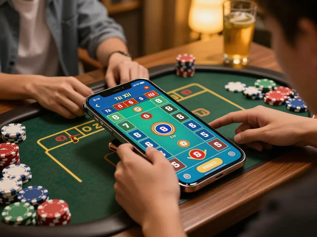 Tài xỉu online gameplay captured on smartphone with vibrant chips and cozy setup