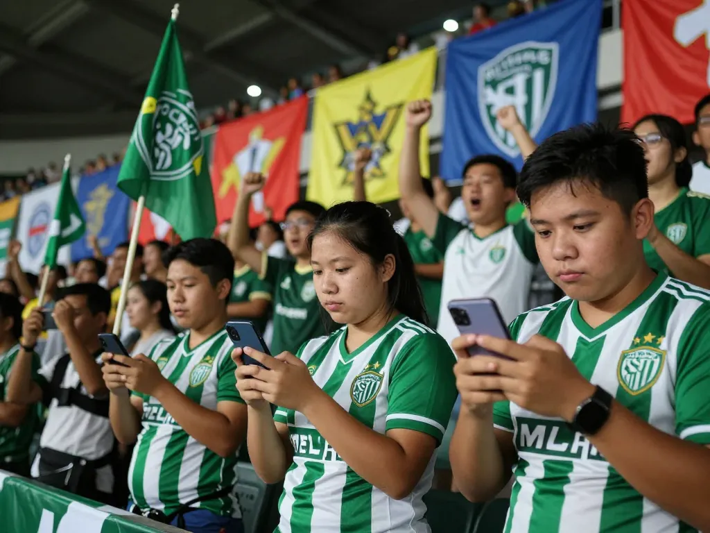 Fans celebrating in a stadium while checking results for kết quả bóng đá live updates during a match.