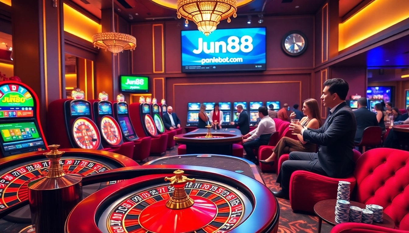 Players engaging with online gambling at Jun88 com, showcasing luxury and excitement in the casino atmosphere.