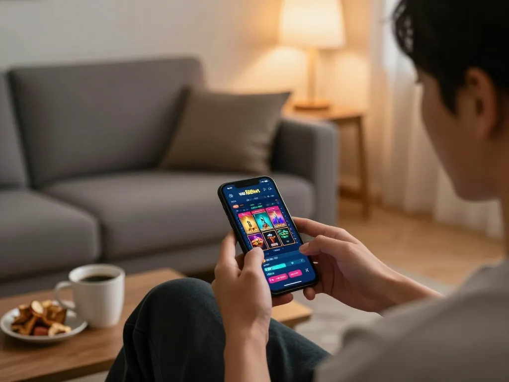 Engaging with the link vao 188bet app on a smartphone, enjoying a cozy home gaming ambiance.