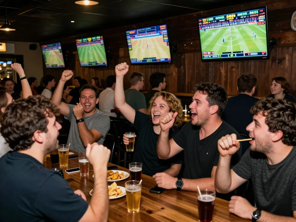 Engaged sports betting fans at a lively bar placing wagers on the hit club game.