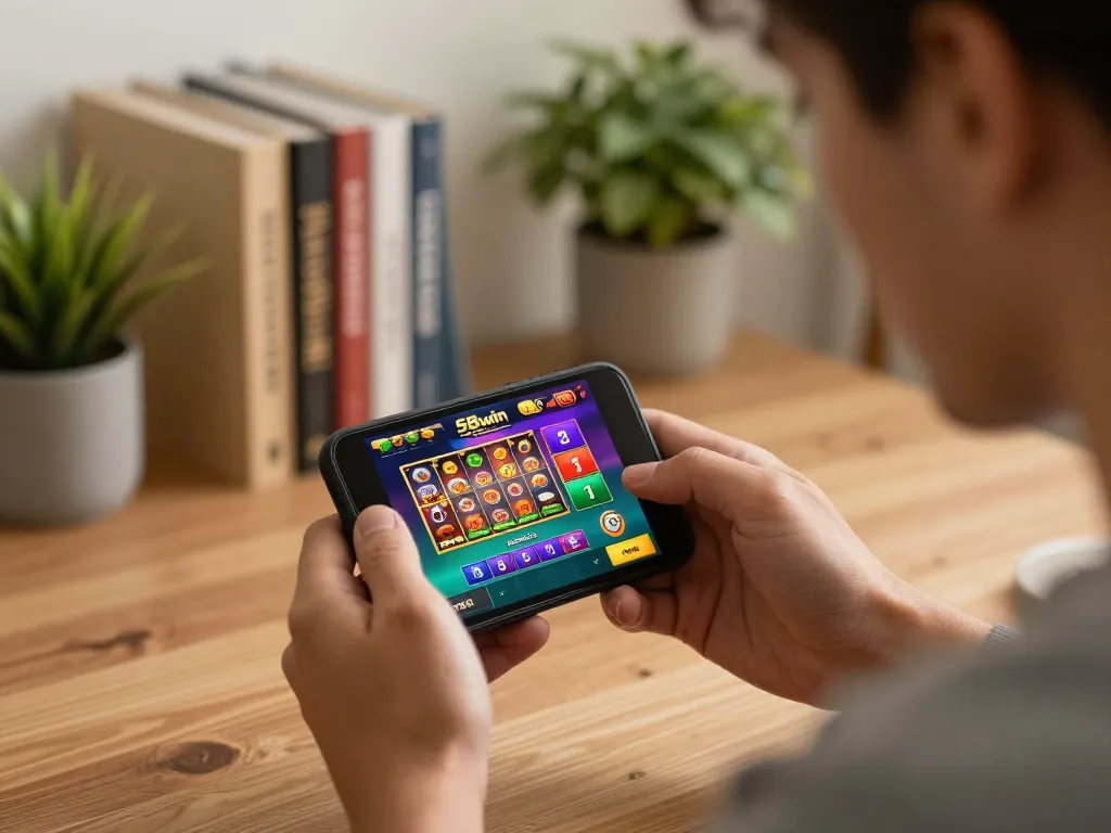 Player enjoying the 58wiin casino app on a smartphone, illustrating mobile gaming excitement.