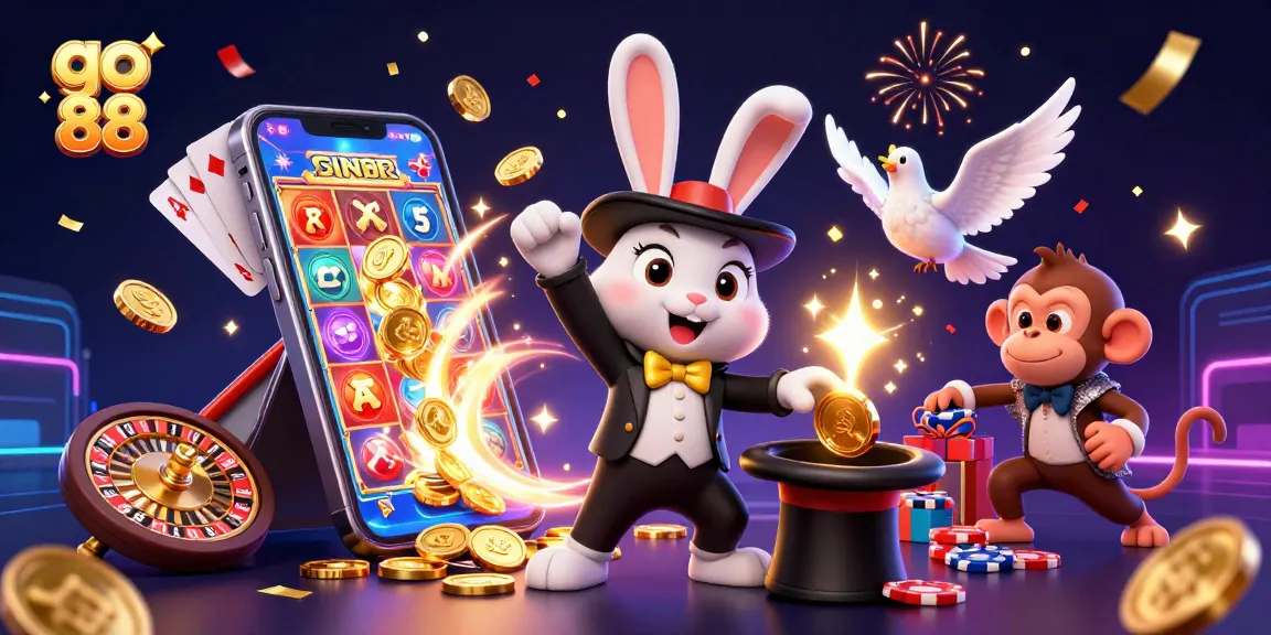 Engage in thrilling go 88 gaming as a magician rabbit reveals coins and prizes in a vibrant casino scene.