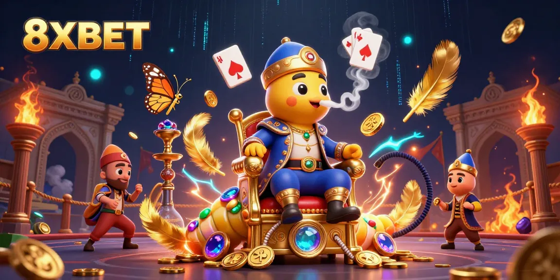 Experience thrilling action with 8XBET in a vibrant, dynamic casino-themed illustration.