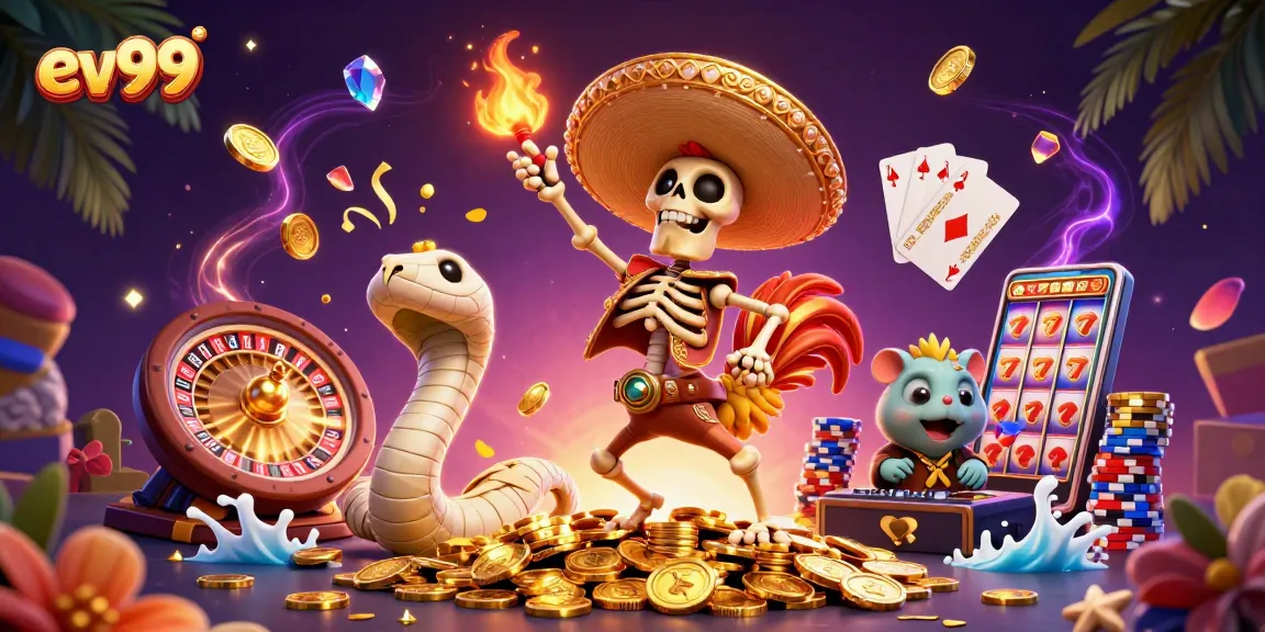 Experience the thrilling action at ev99 with a vibrant 3D casino illustration full of excitement.