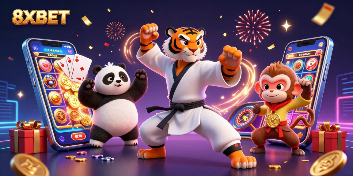 Engage with 8XBET in a vibrant casino scene featuring a kung fu tiger master and friends.