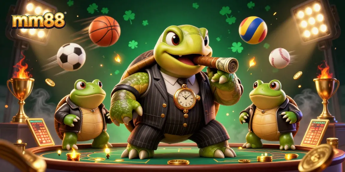 Experience the vibrant world of mm88 with a cartoon turtle in a suit amidst a dynamic casino atmosphere.