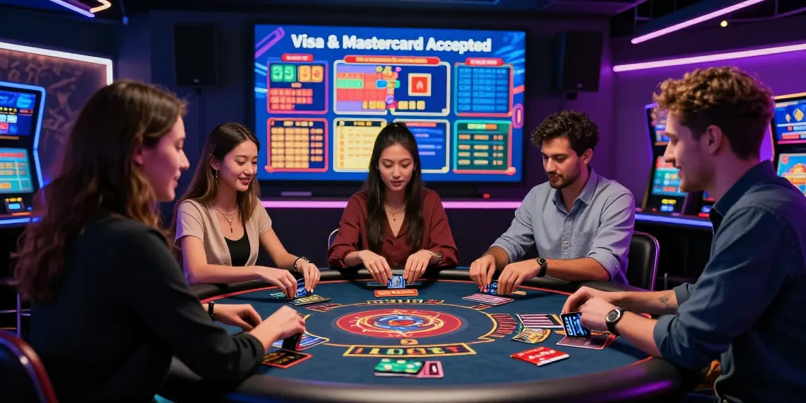 Engaging scene showcasing players at credit card casinos UK with Visa & Mastercard options, vibrant games, and excitement.
