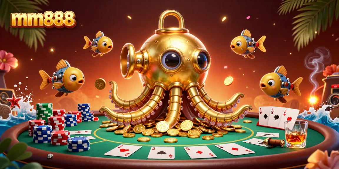 Play thrilling casino games at mm888 with an exciting golden kraken submarine amidst vibrant poker elements.