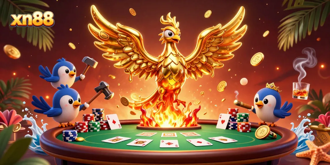 Experience the excitement of winning at xn88 with a molten gold phoenix and vibrant poker elements.