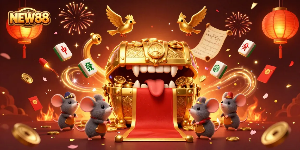 Experience the excitement of NEW88 with a lively 3D illustration showcasing dynamic casino elements.
