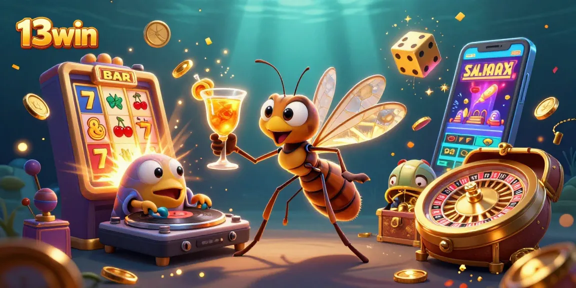 Engage with 13win's thrilling casino experience featuring a dynamic 3D scene of gaming excitement.