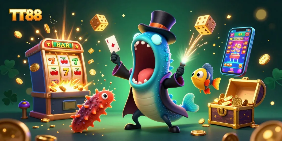Win big with TT88 as the bioluminescent eel performs card tricks amidst a jackpot explosion.